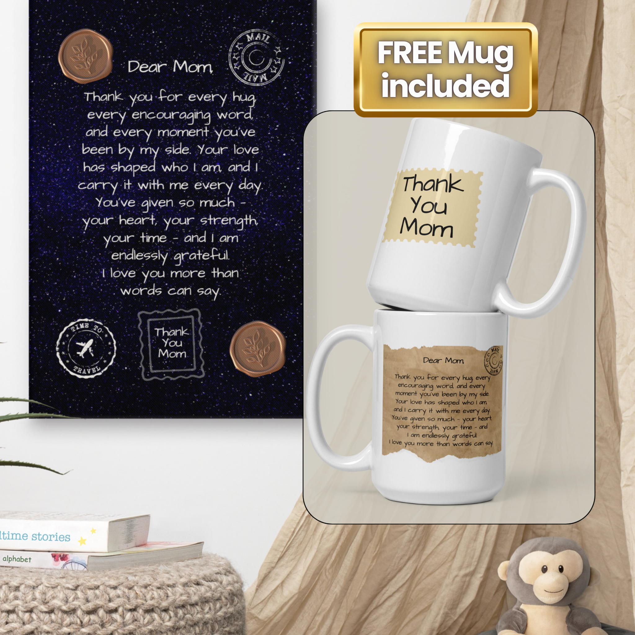 Letter to Mom Gift Bundle – Canvas Wall Art + Keepsake Mug (2 Sizes Available)