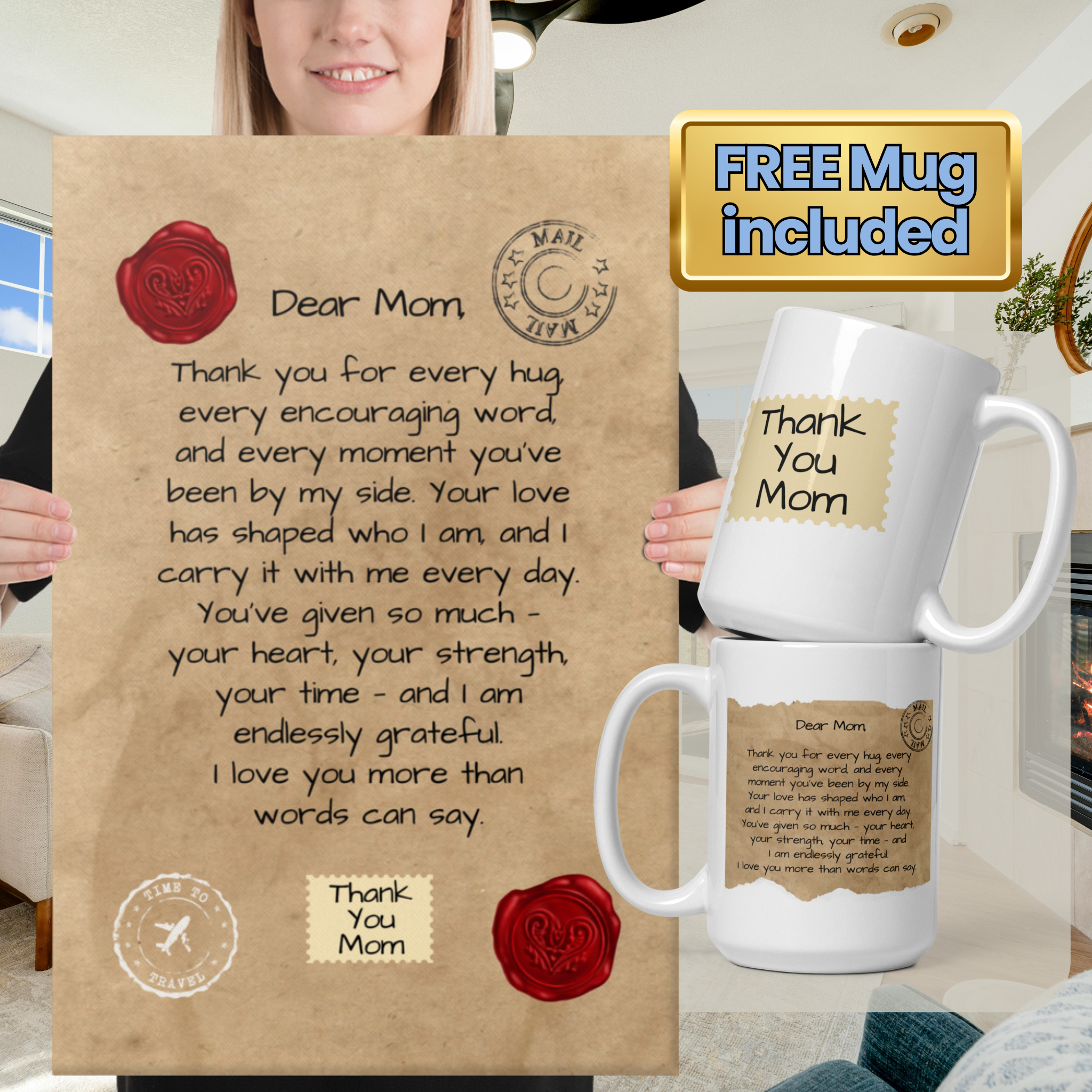 Letter to Mom Gift Bundle – Canvas Wall Art + Keepsake Mug (2 Sizes Available)