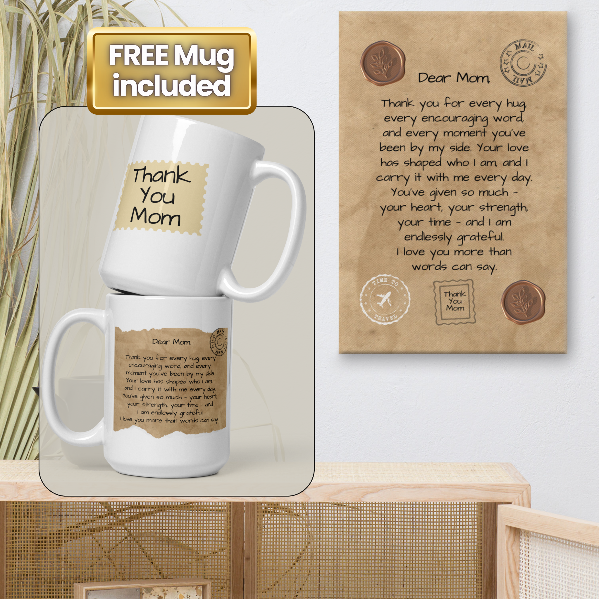 Letter to Mom Gift Bundle – Canvas Wall Art + Keepsake Mug (2 Sizes Available)