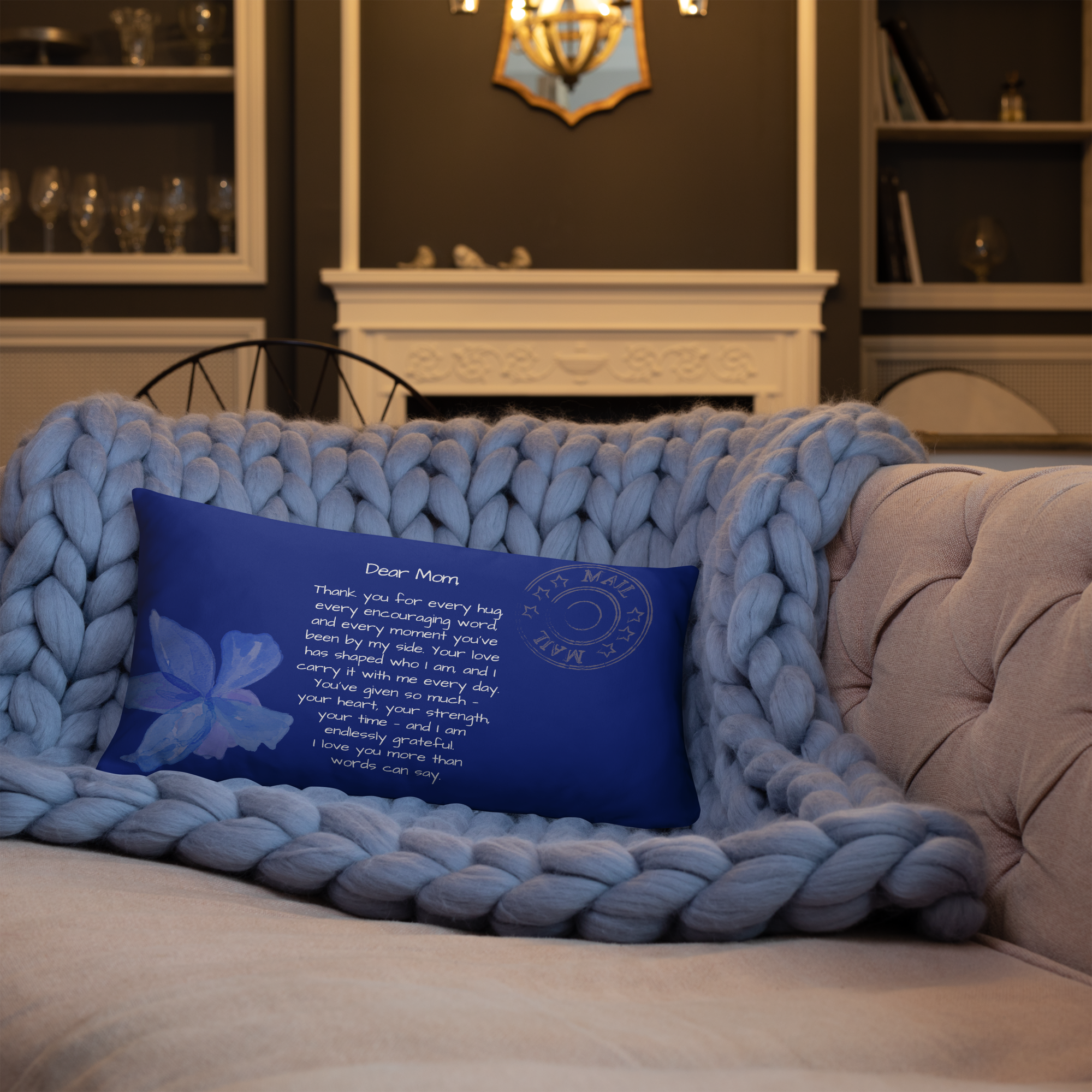 Letter to Mom Throw Pillow – Blue Blossom Edition