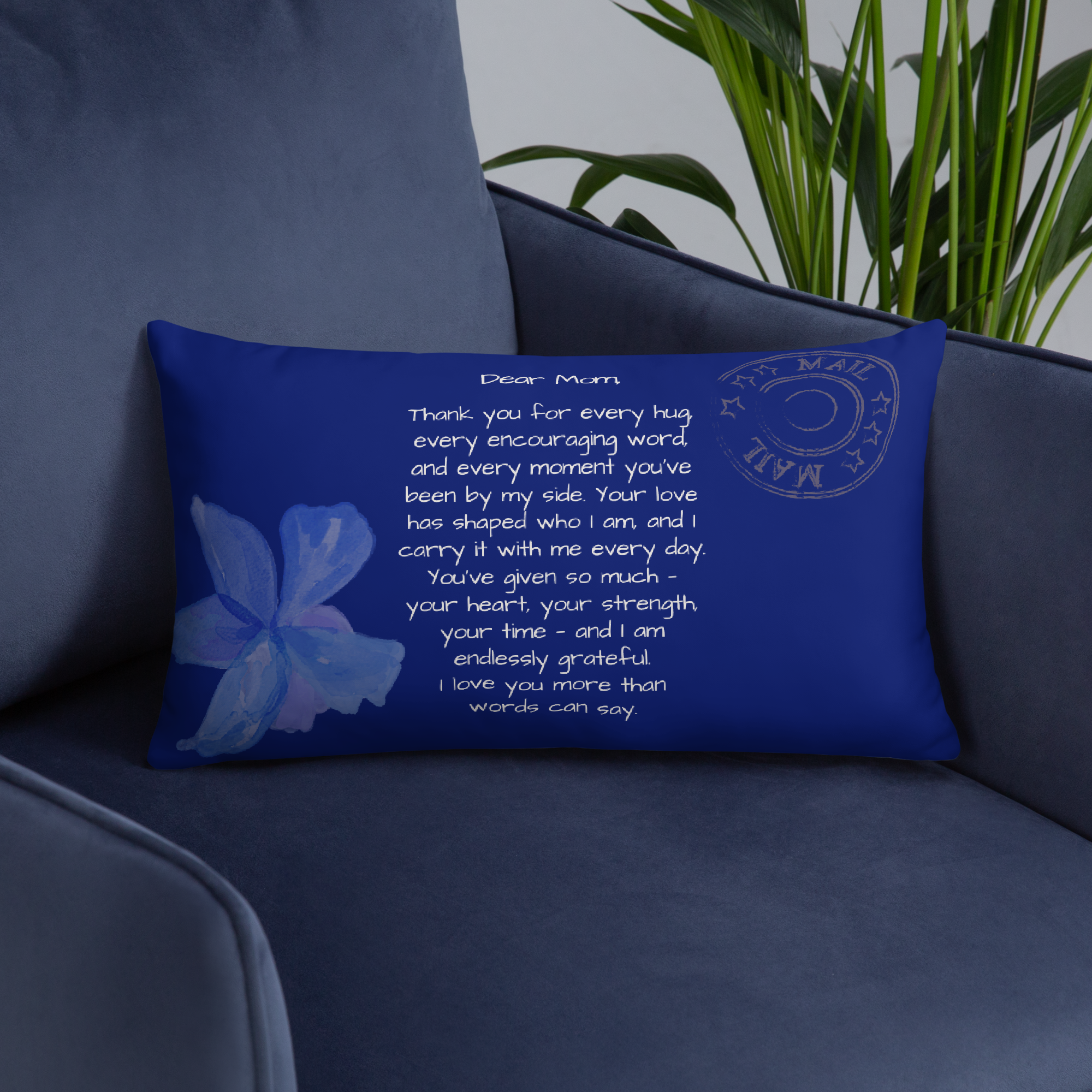 Letter to Mom Throw Pillow – Blue Blossom Edition