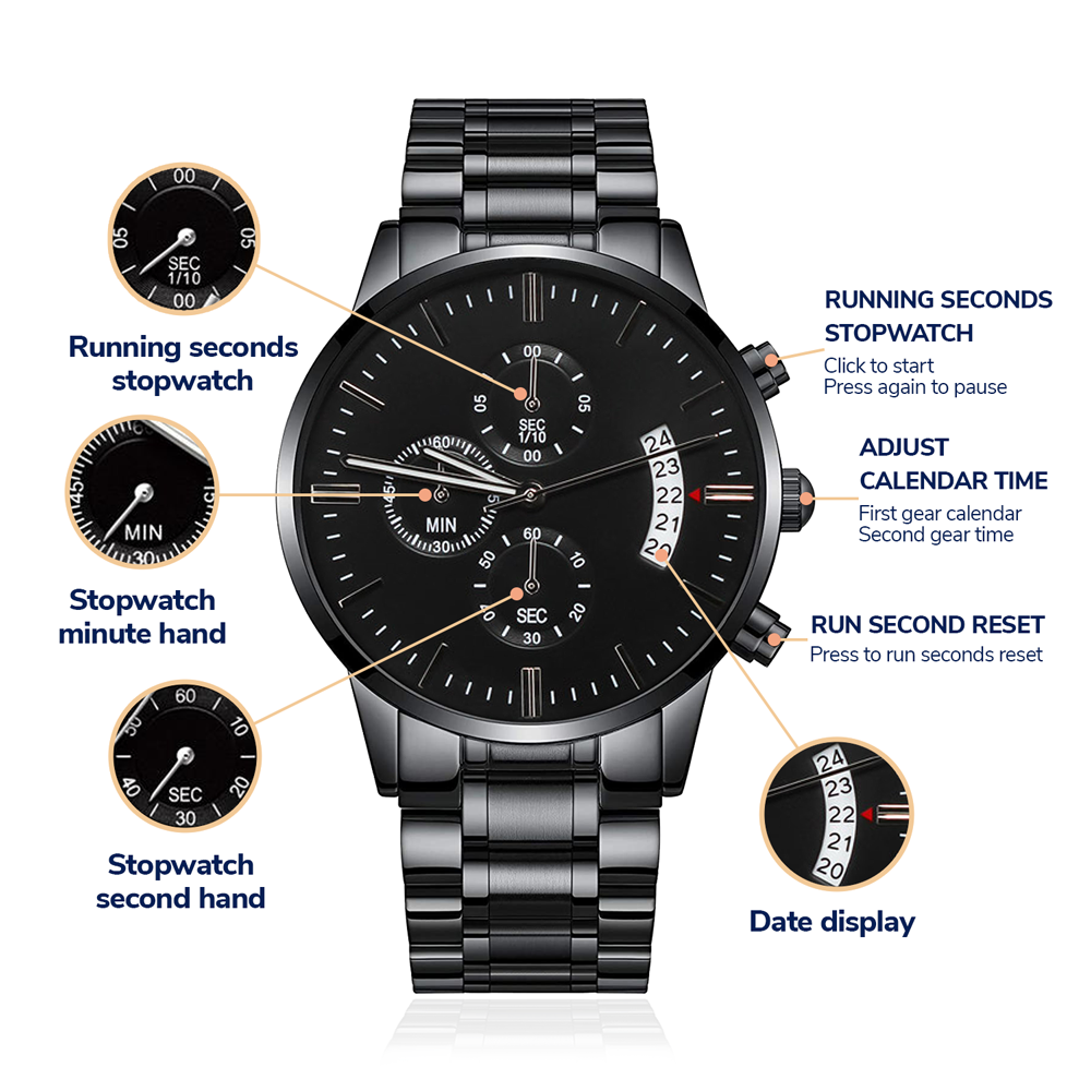 Custom Engraved Black Chronograph Watch — Timeless Style with a Personal Touch