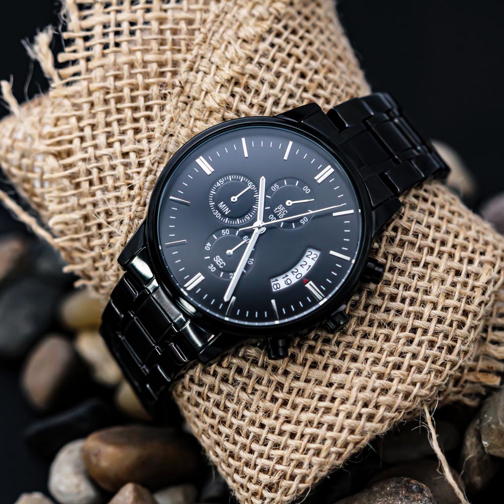 Custom Engraved Black Chronograph Watch — Timeless Style with a Personal Touch