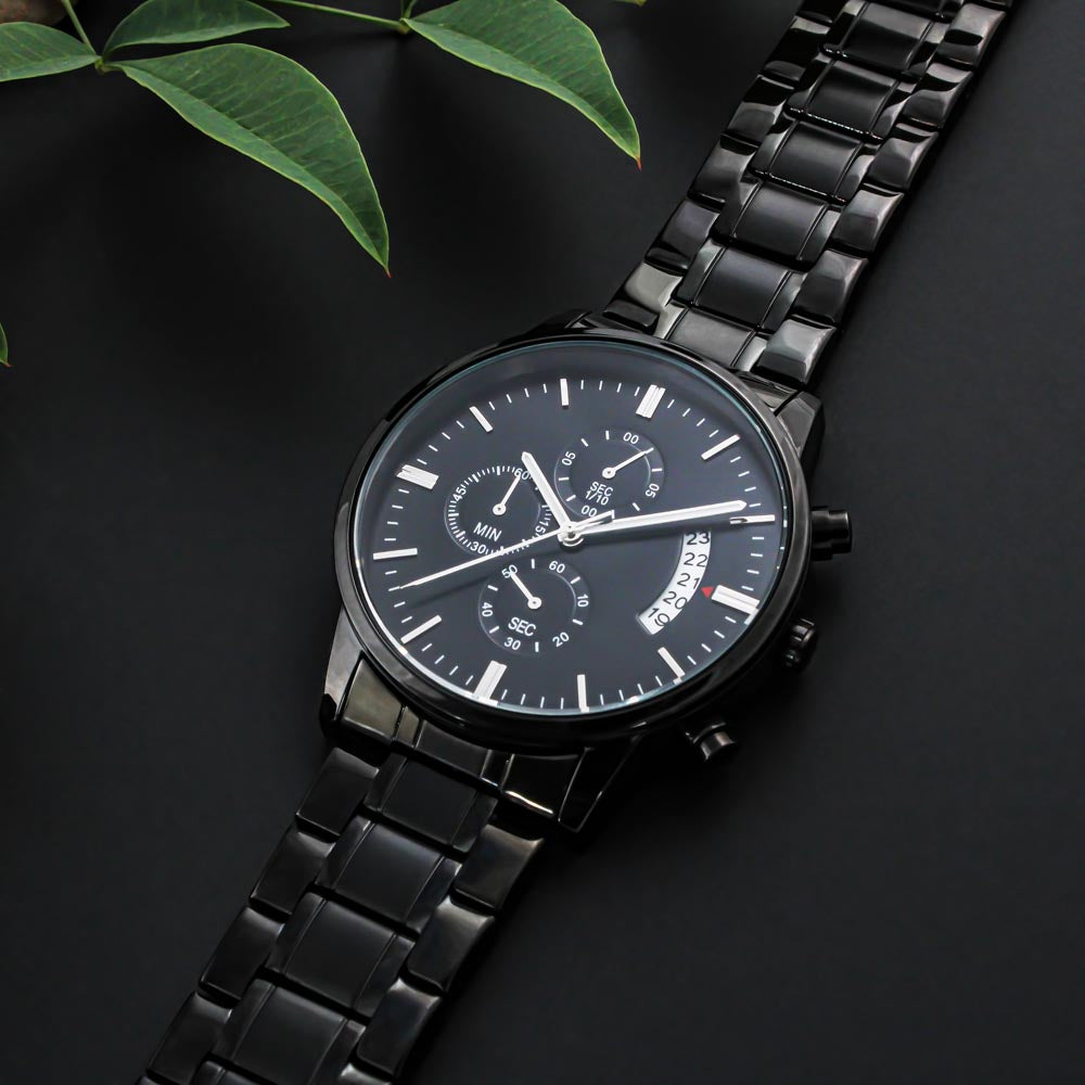 Custom Engraved Black Chronograph Watch — Timeless Style with a Personal Touch