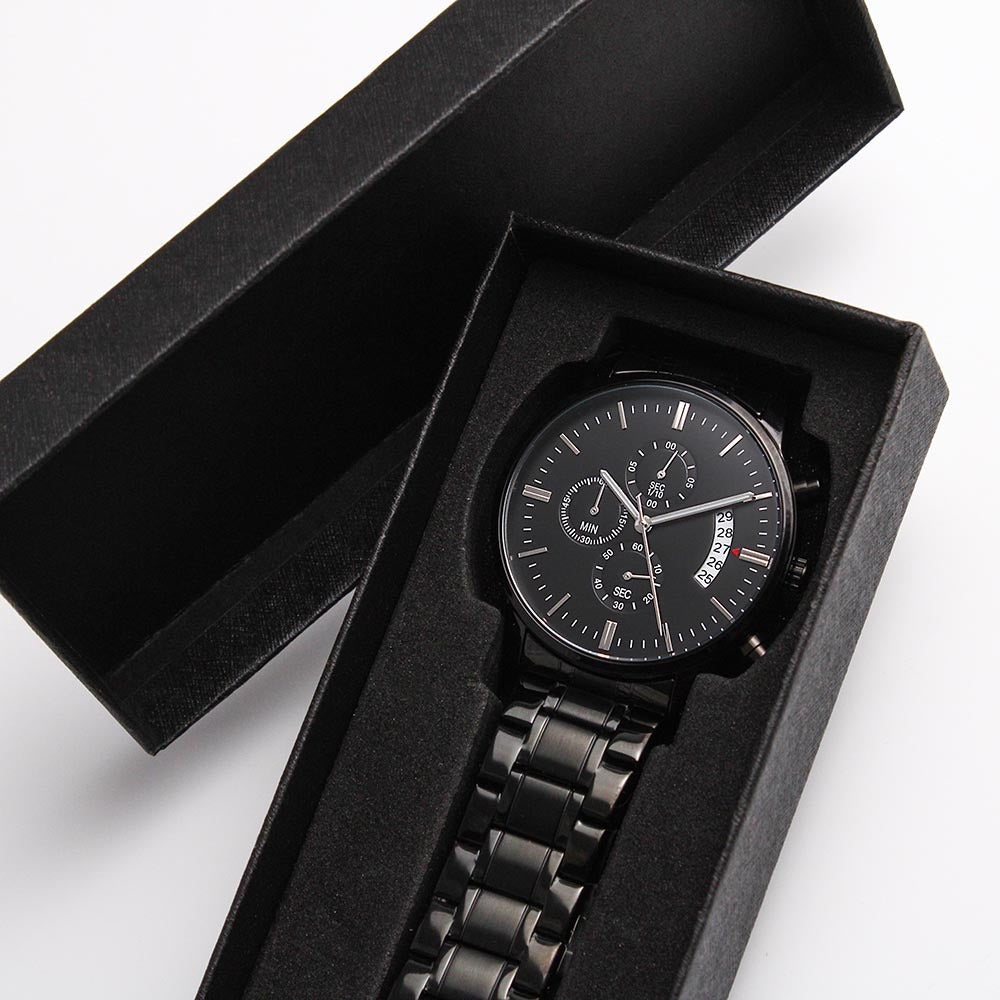 Custom Engraved Black Chronograph Watch — Timeless Style with a Personal Touch