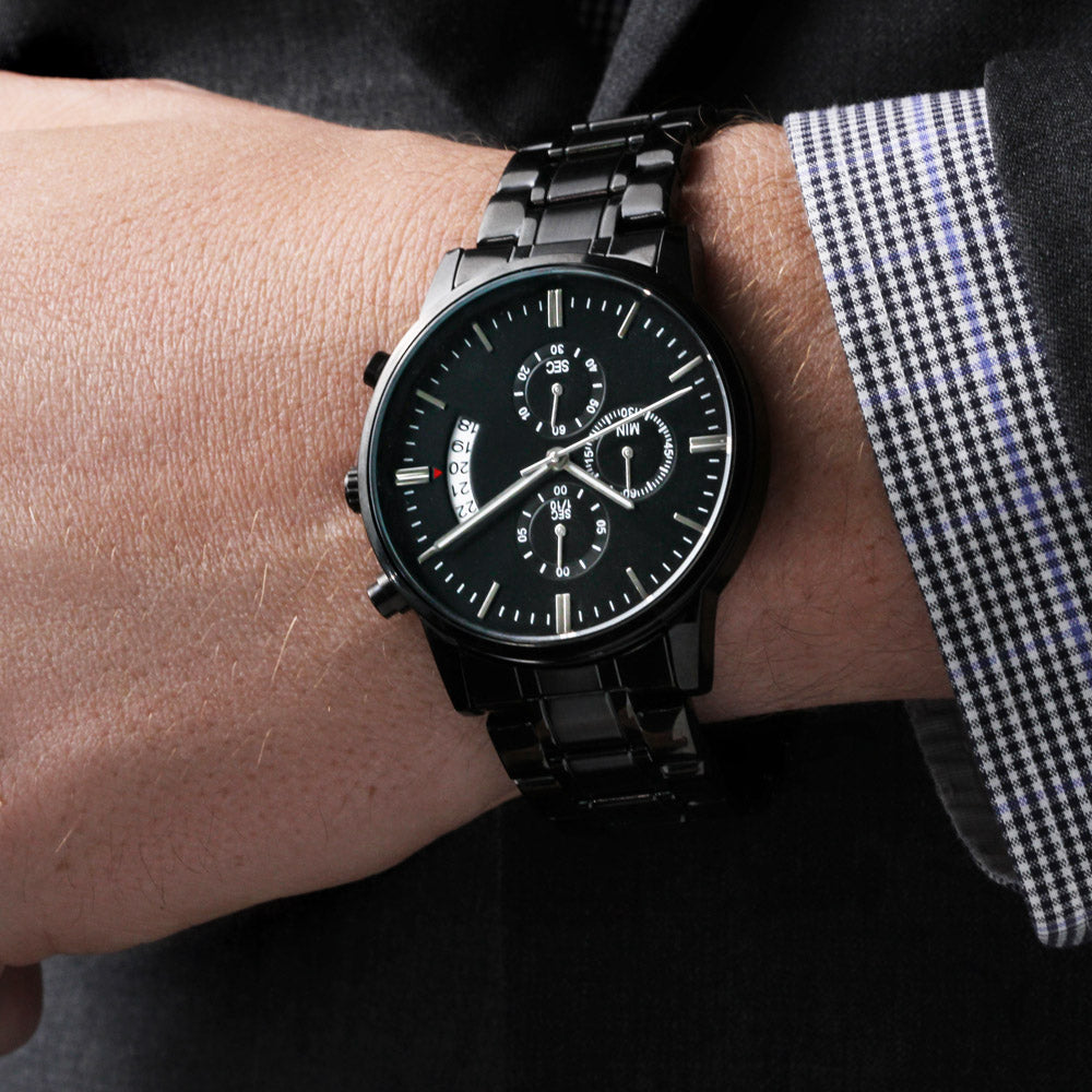 Custom Engraved Black Chronograph Watch — Timeless Style with a Personal Touch
