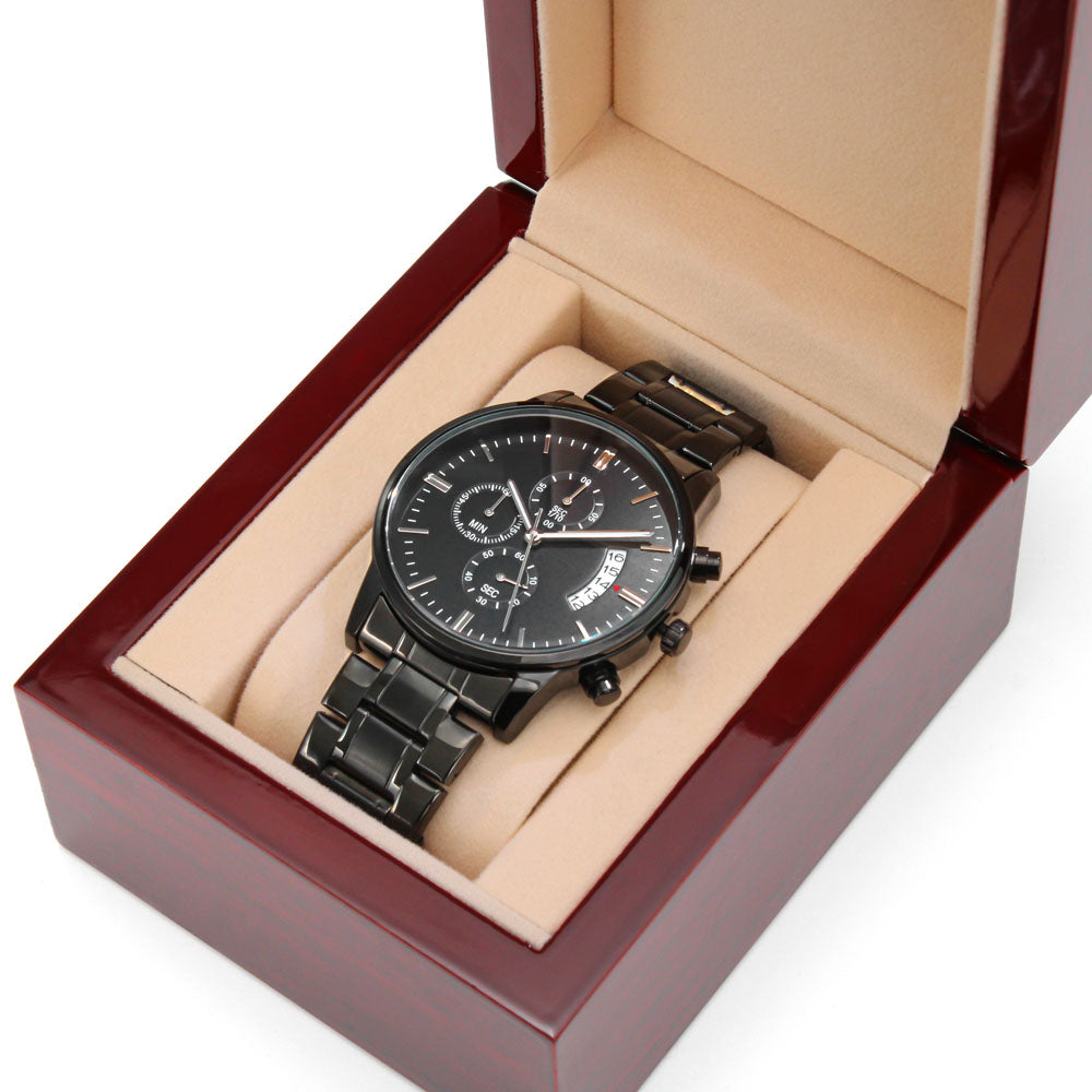 Custom Engraved Black Chronograph Watch — Timeless Style with a Personal Touch