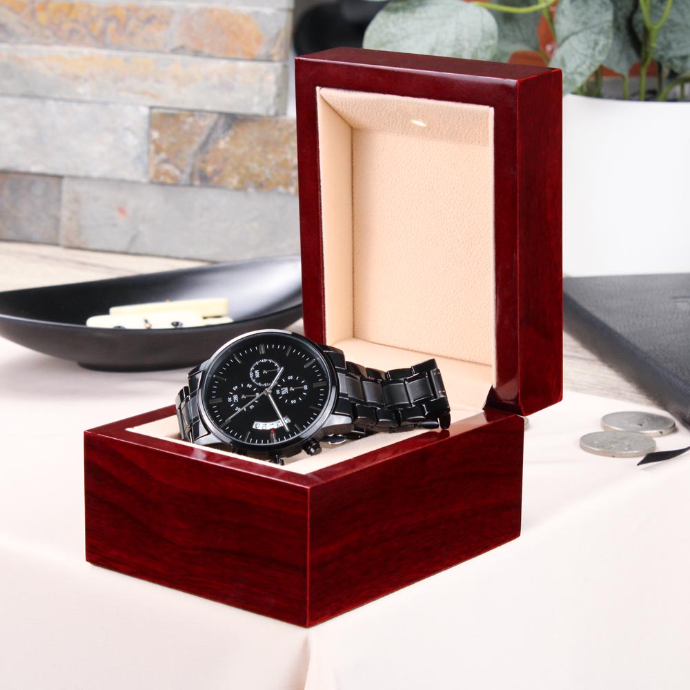 Custom Engraved Black Chronograph Watch — Timeless Style with a Personal Touch
