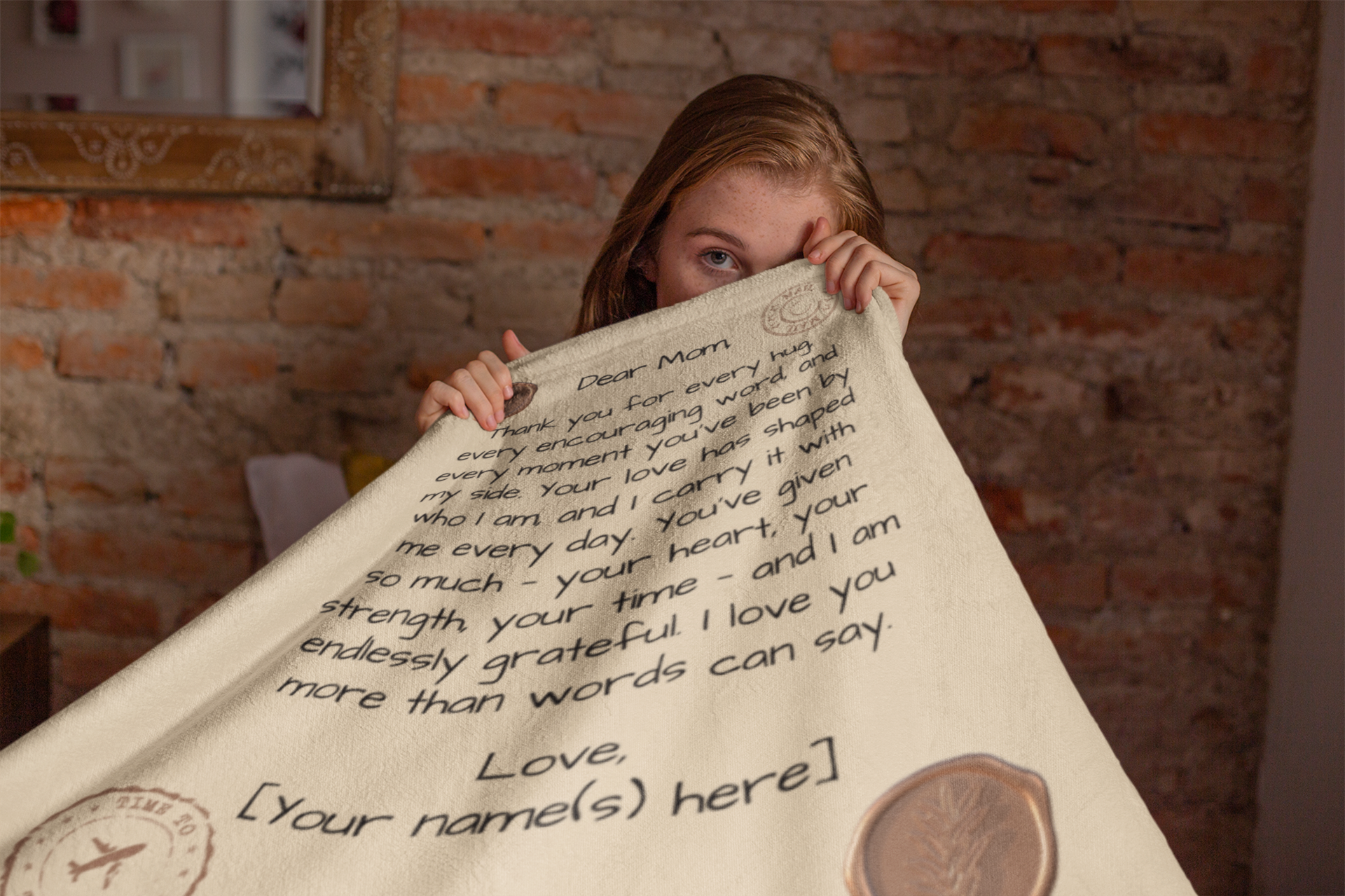 Vintage-style Personalized Letter to Mom Blanket with bronze seal details