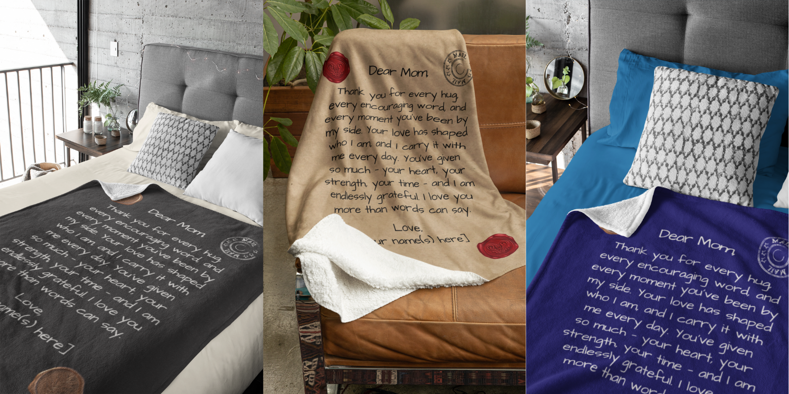 Personalized Letter to Mom fleece blankets displayed on beds and couches — custom gifts for Mother's Day, birthdays, and heartfelt occasions.