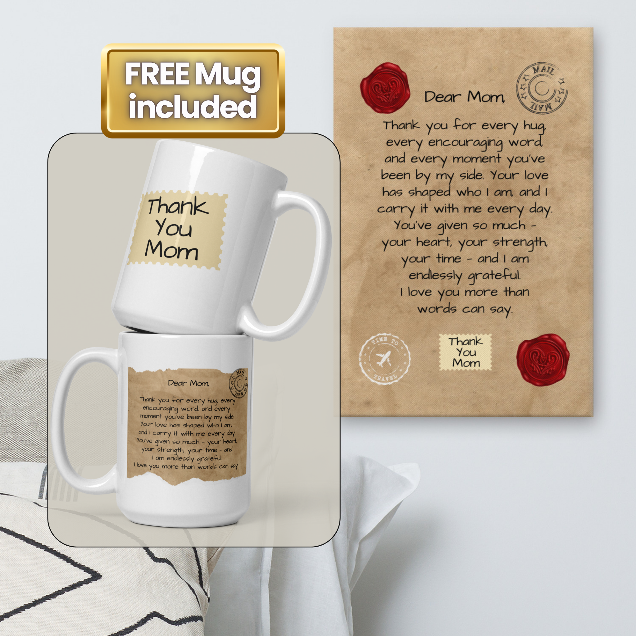 Letter to Mom Gift Bundle – Canvas Wall Art + Keepsake Mug (2 Sizes Available)