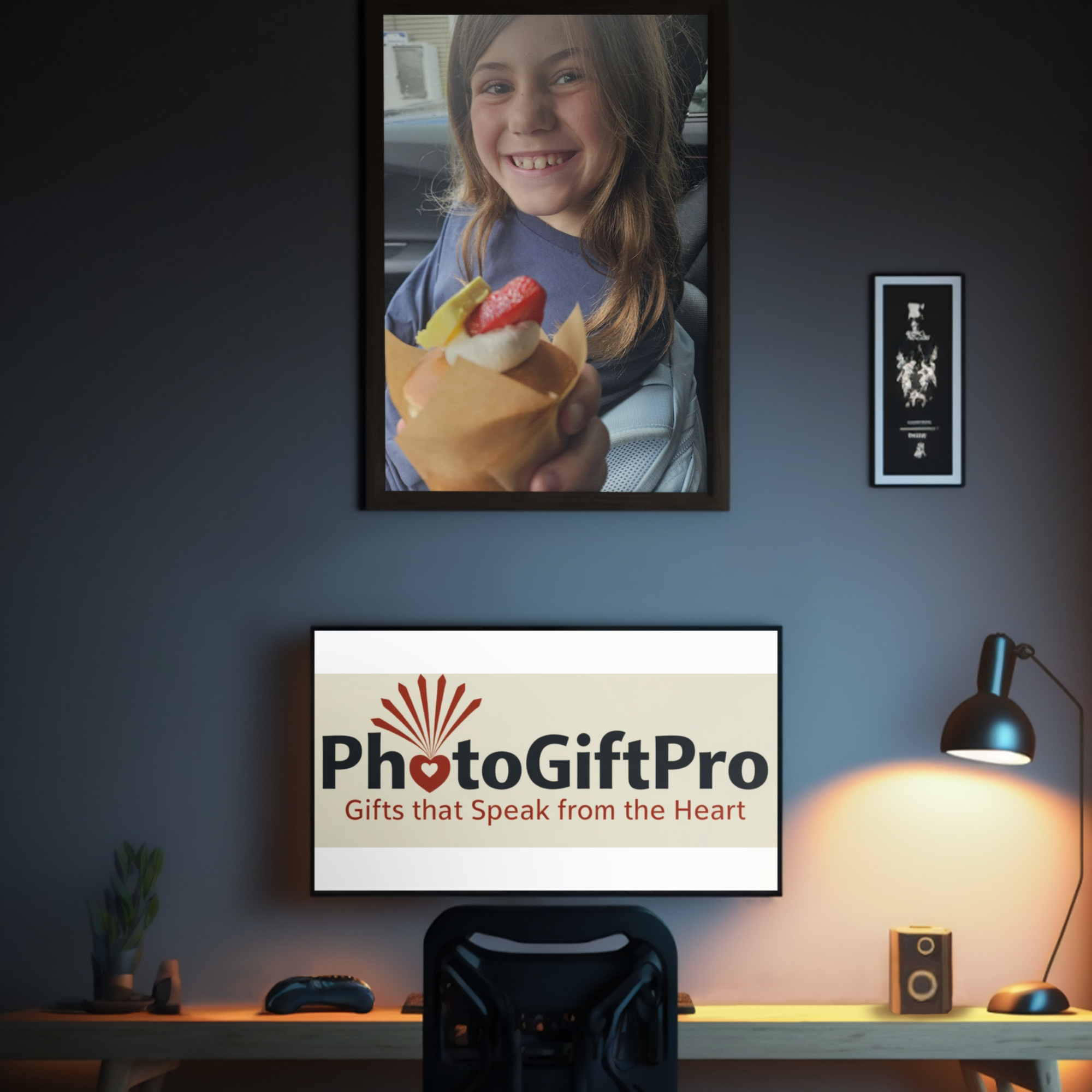 Home office setup with a desk, chair, and framed audio message photo on the wall, featuring the PhotoGiftPro logo.