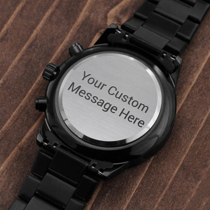 Custom Engraved Black Chronograph Watch — Timeless Style with a Personal Touch