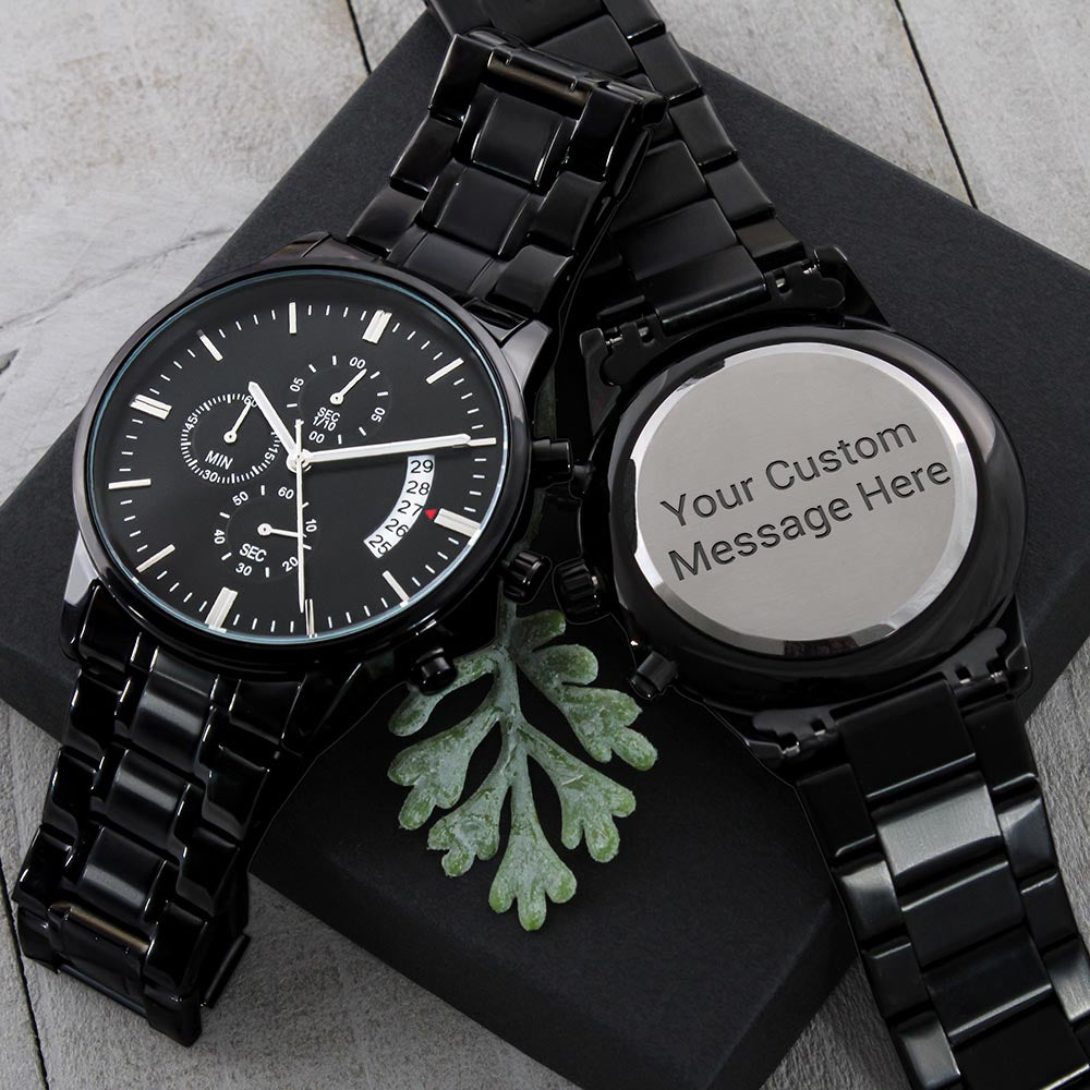 Custom Engraved Black Chronograph Watch — Timeless Style with a Personal Touch