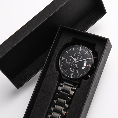 Custom Engraved Black Chronograph Watch — Timeless Style with a Personal Touch