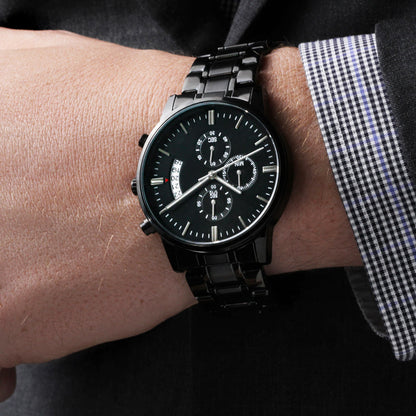Custom Engraved Black Chronograph Watch — Timeless Style with a Personal Touch