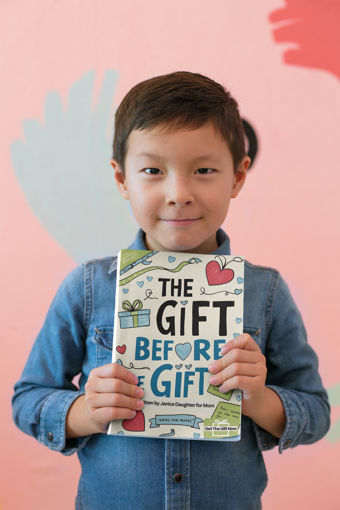 Child holding personalized printed mini-book gift for Mom