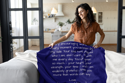 Deep blue fleece Letter to Mom Blanket with custom printed signature